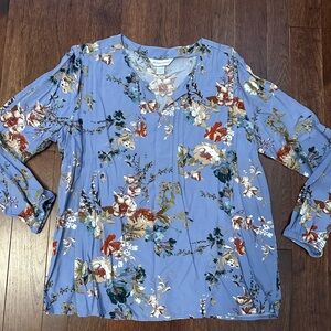 Christopher & Banks Floral Print Blouse - Blue and Brown